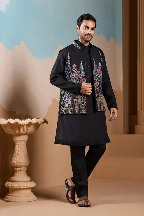 Magic Black Wedding Look Koti Kurta Set for Mens Wear