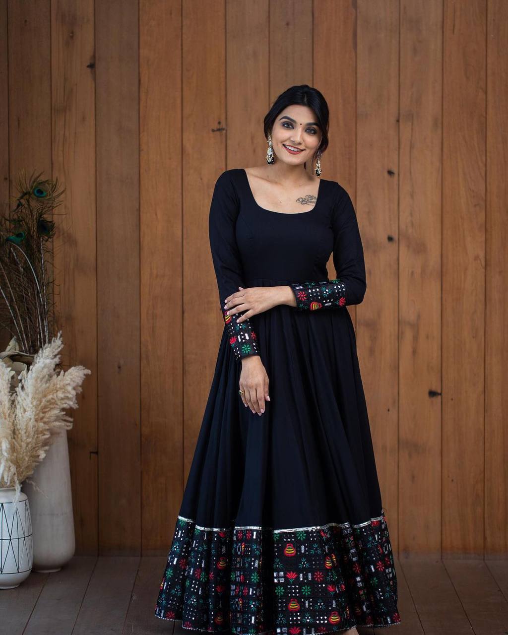 Black Anarkali Gown in Faux Georgette with Embroidery Sequence Work