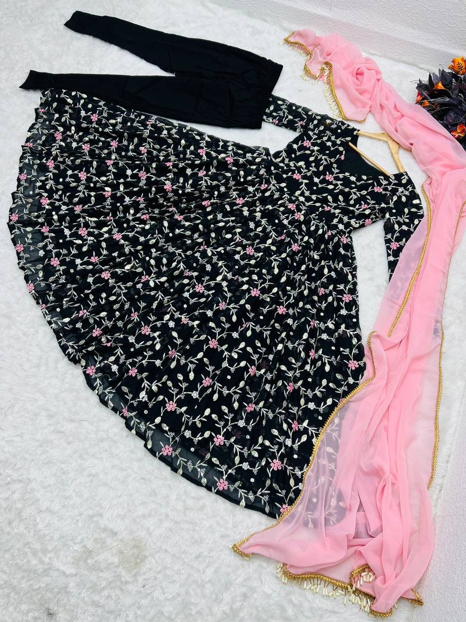 Black Anarkali Gown in Faux Georgette with Embroidery Sequence Work