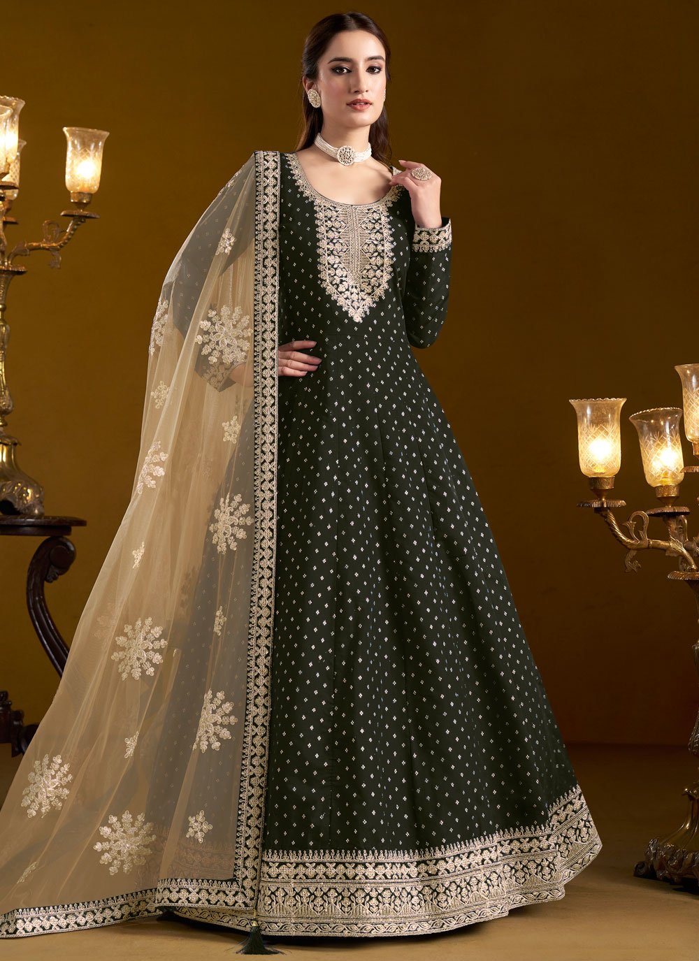Black chanderi anarkali suit with butti work