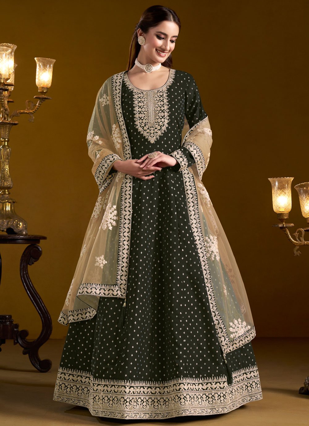 Black chanderi anarkali suit with butti work