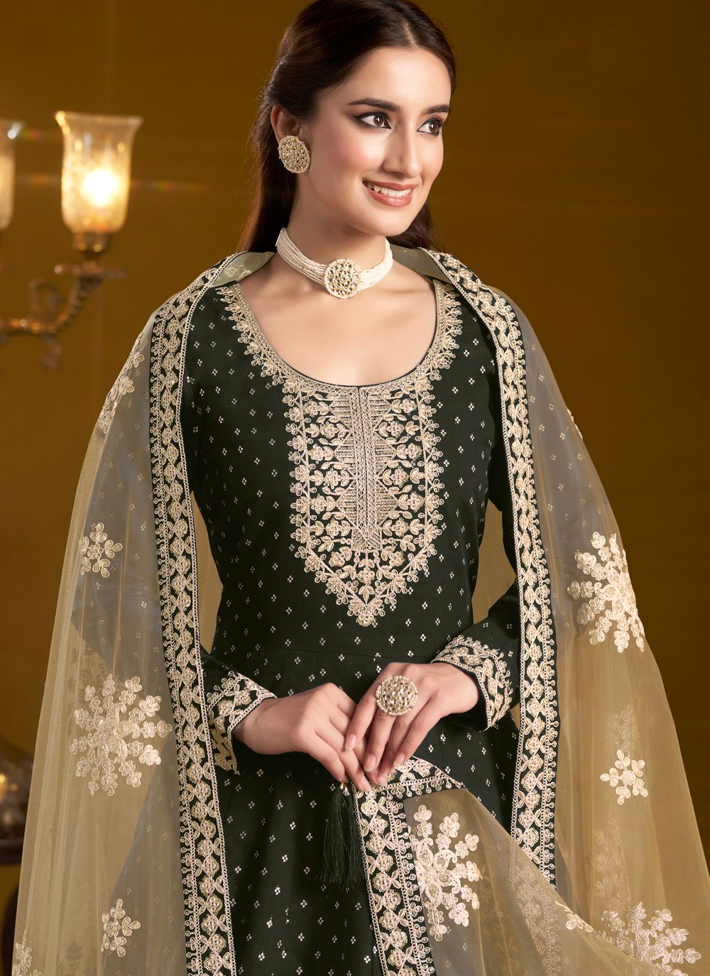 Black chanderi anarkali suit with butti work