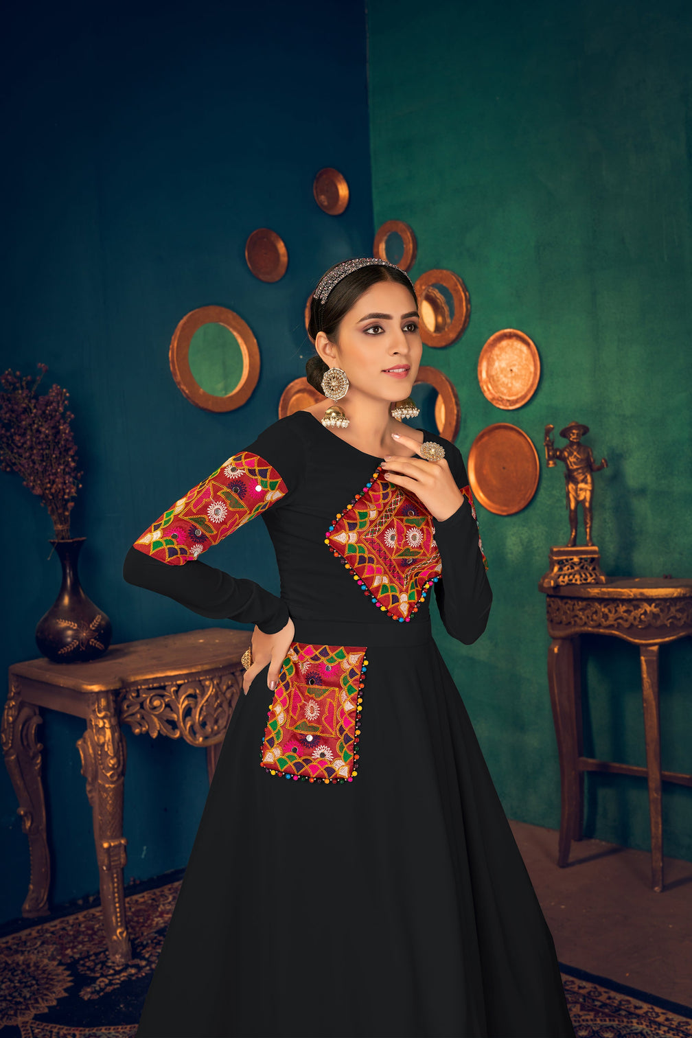 Black Embroidered Georgette Evening Long Gown Semi Stitched