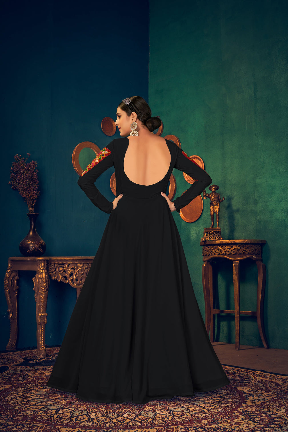 Black Embroidered Georgette Evening Long Gown Semi Stitched