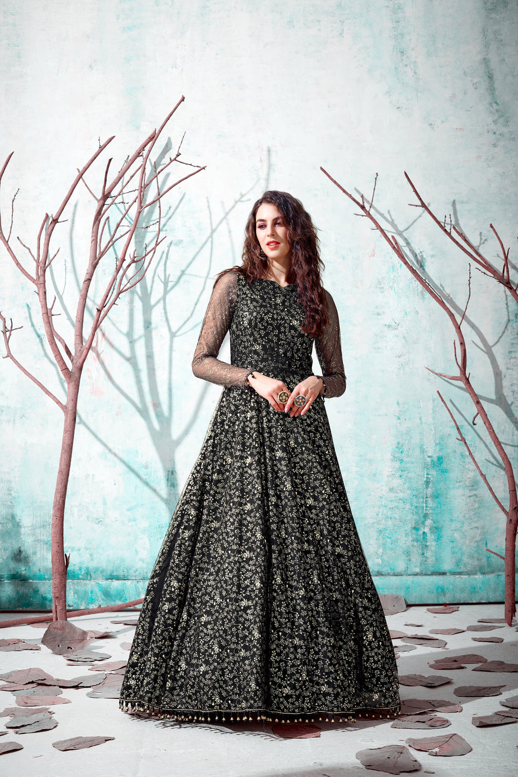 Black Foil Work Net Party Wear Long Gown