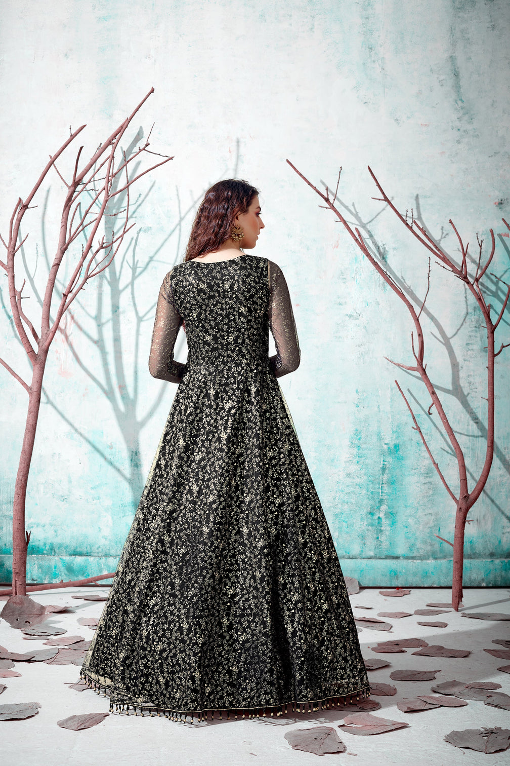 Black Foil Work Net Party Wear Long Gown