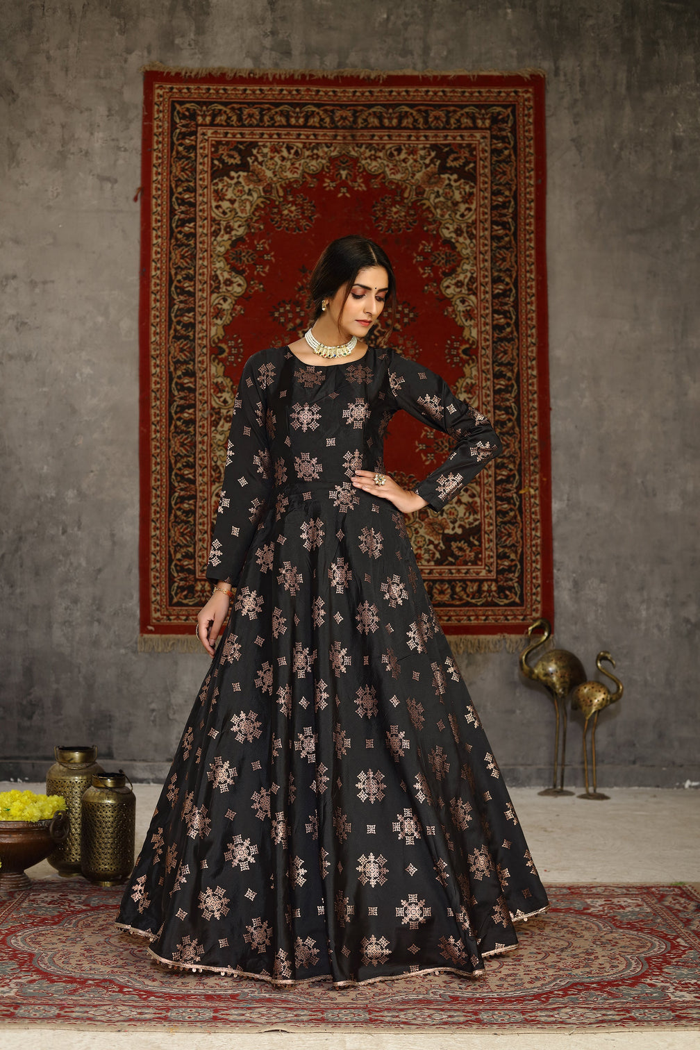 Black Foilage Print Taffeta Silk Party Wear Gown Semi Stitched
