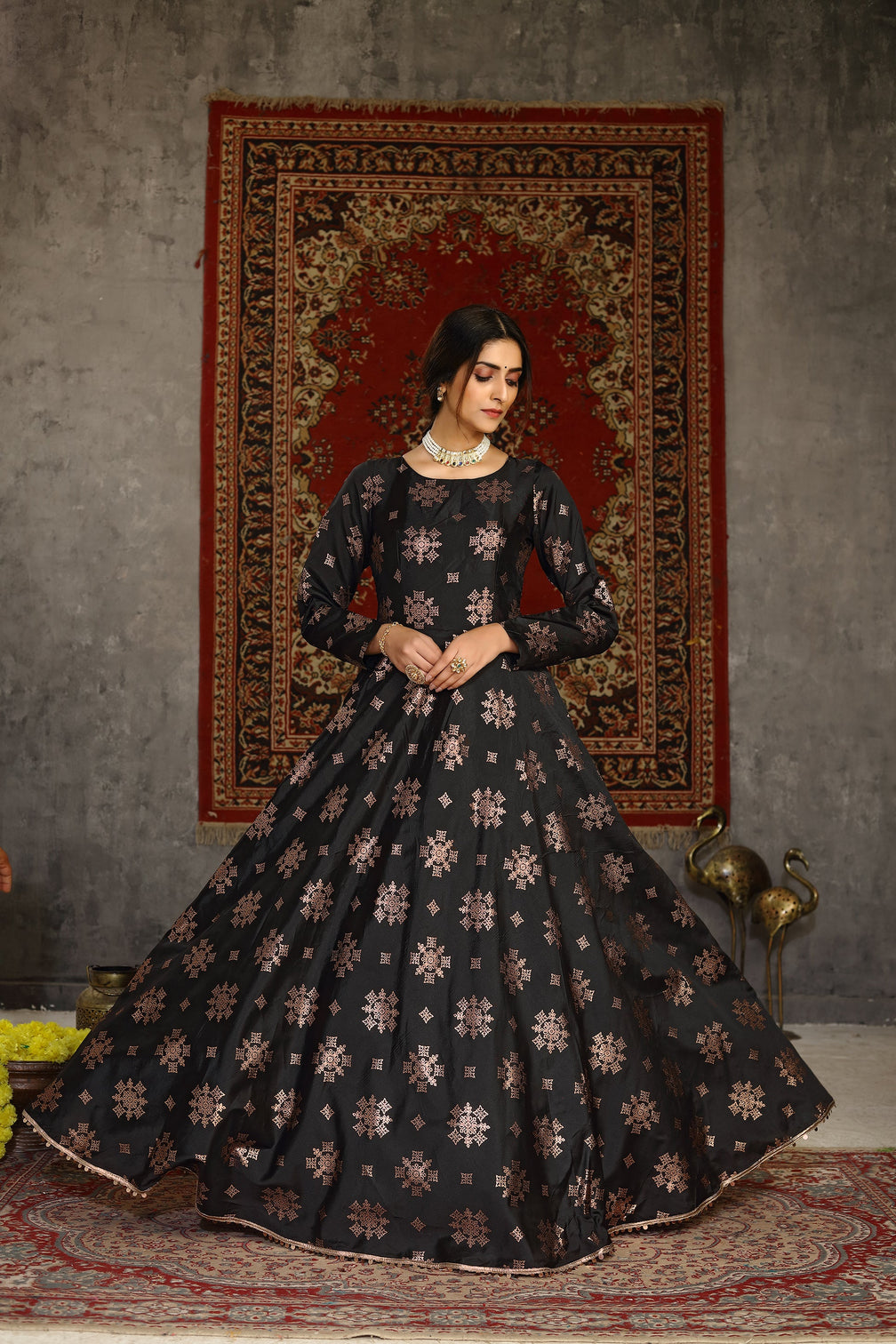Black Foilage Print Taffeta Silk Party Wear Gown Semi Stitched