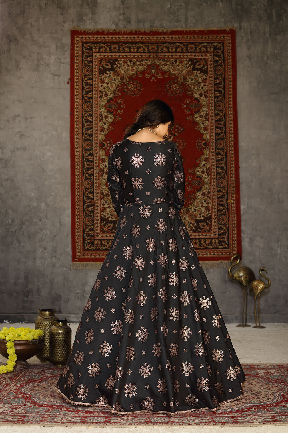 Black Foilage Print Taffeta Silk Party Wear Gown Semi Stitched