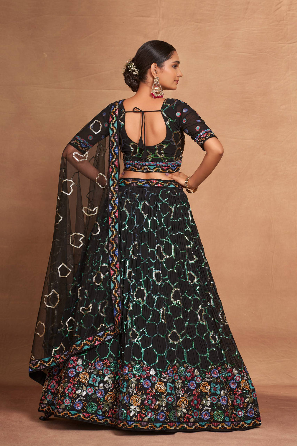 Black Heavy Georgette Embroidered Lehenga Choli Set with Sequins & Net Dupatta