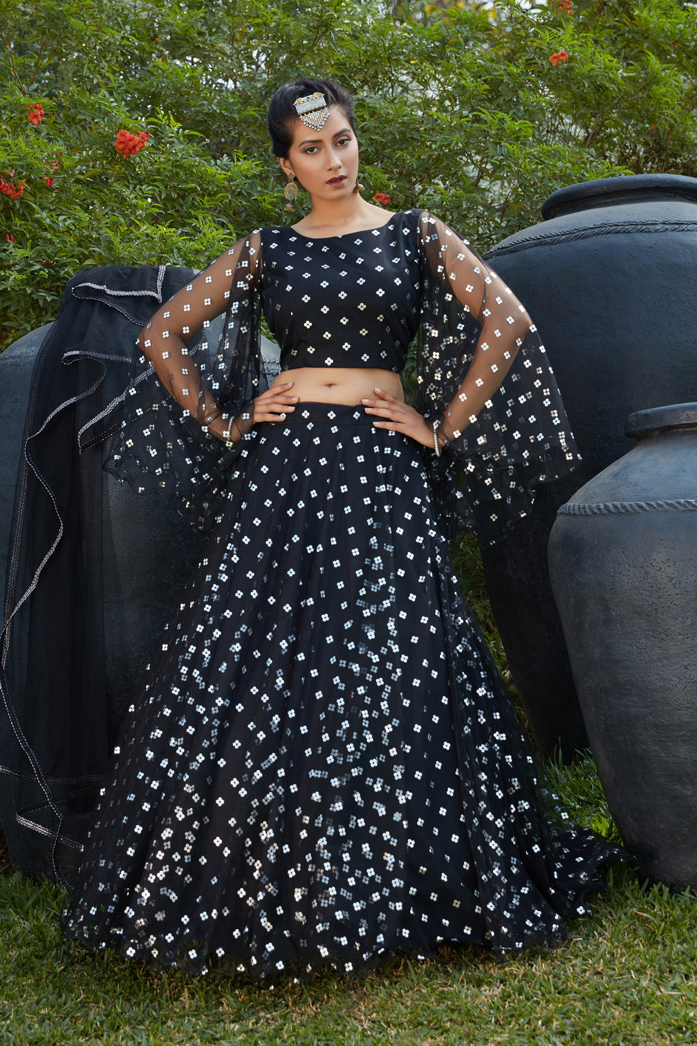 Black Lehenga With Metallic Foil Printed Work And Pigment Foil Work, Cancan Lehenga Choli For Party And Wedding Wear Latest Bollywood Design