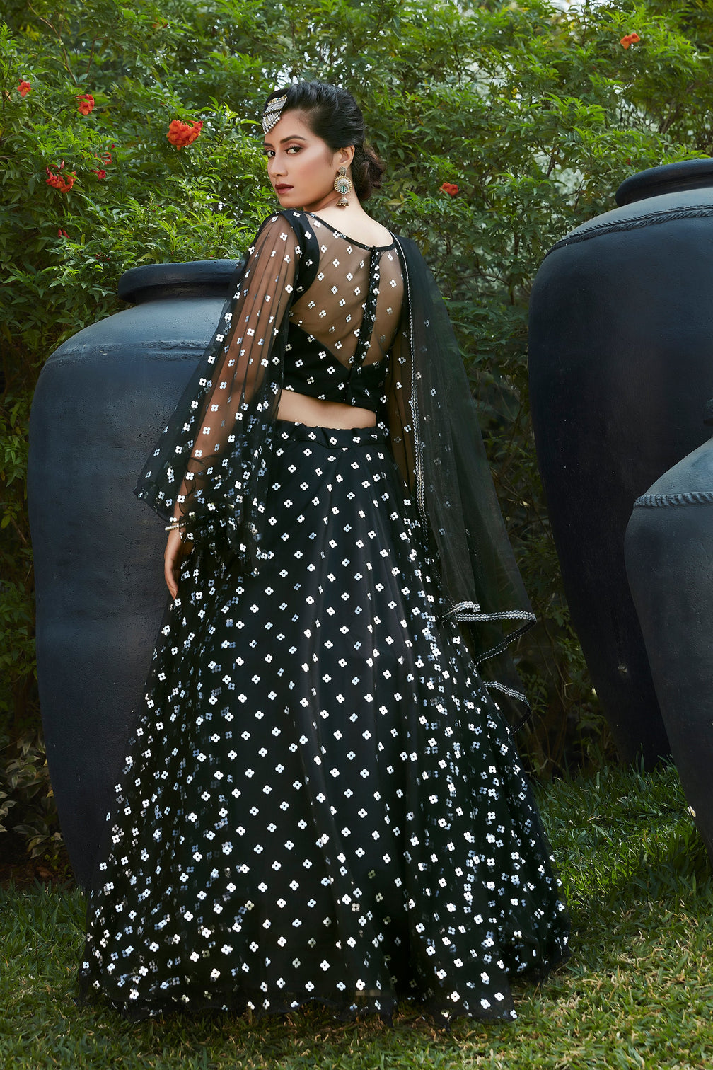 Black Lehenga With Metallic Foil Printed Work And Pigment Foil Work, Cancan Lehenga Choli For Party And Wedding Wear Latest Bollywood Design