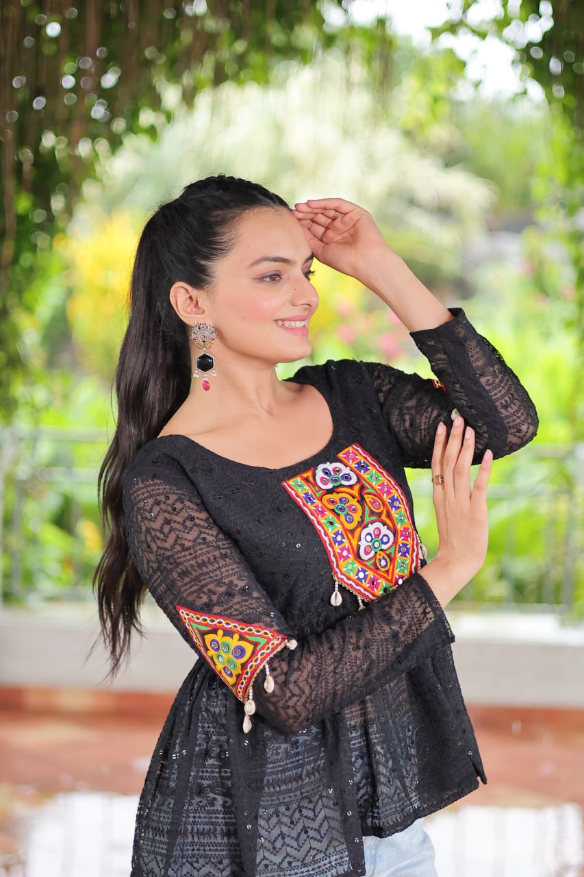 Navratri Special Georgette Schiffli Peplum Top with Kutchi Gamthi Patch Work
