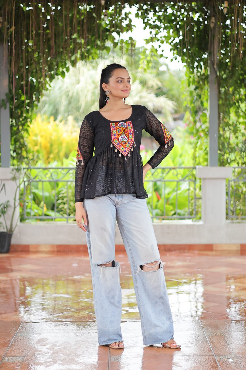 Navratri Special Georgette Schiffli Peplum Top with Kutchi Gamthi Patch Work