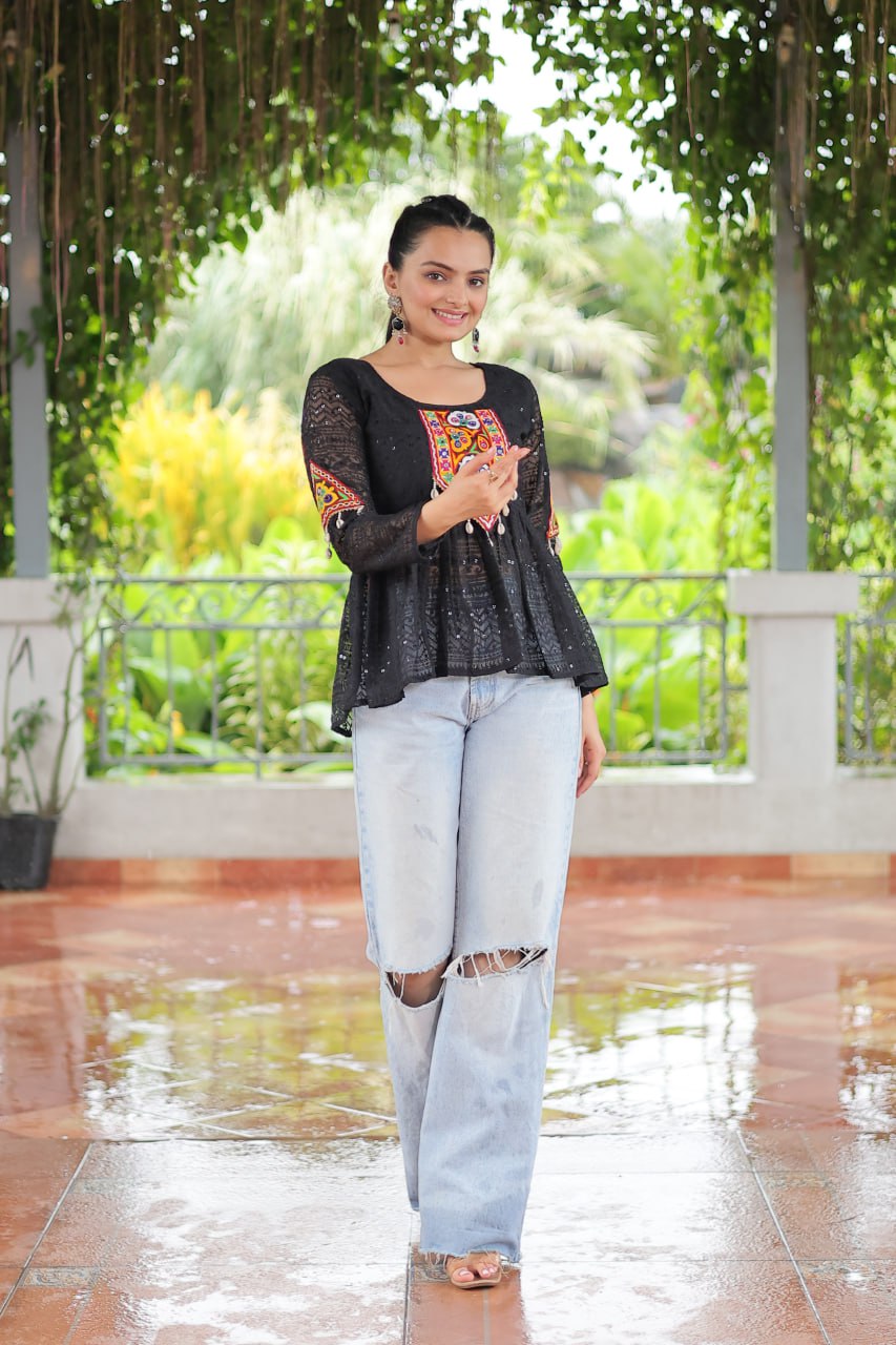 Navratri Special Georgette Schiffli Peplum Top with Kutchi Gamthi Patch Work