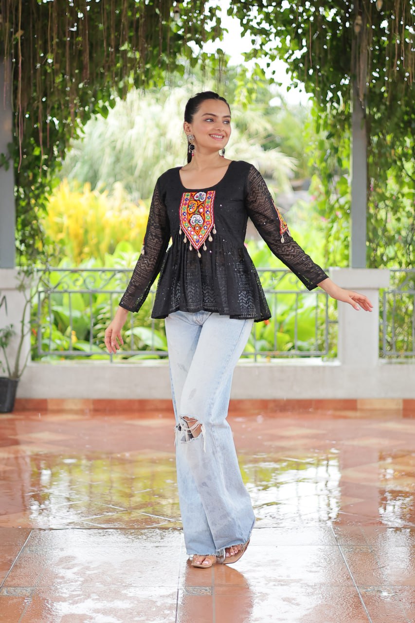 Navratri Special Georgette Schiffli Peplum Top with Kutchi Gamthi Patch Work