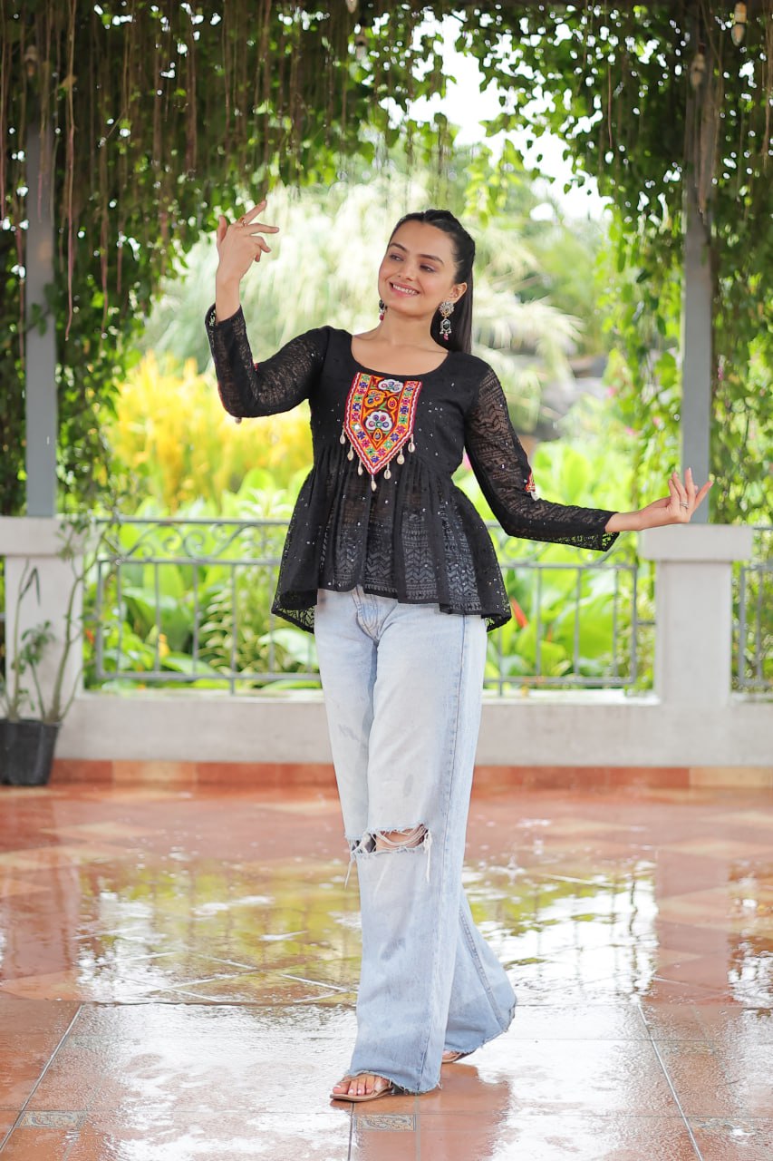 Navratri Special Georgette Schiffli Peplum Top with Kutchi Gamthi Patch Work