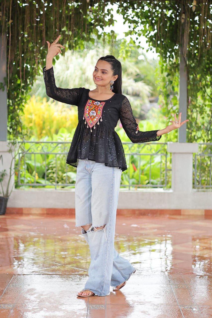 Navratri Special Georgette Schiffli Peplum Top with Kutchi Gamthi Patch Work