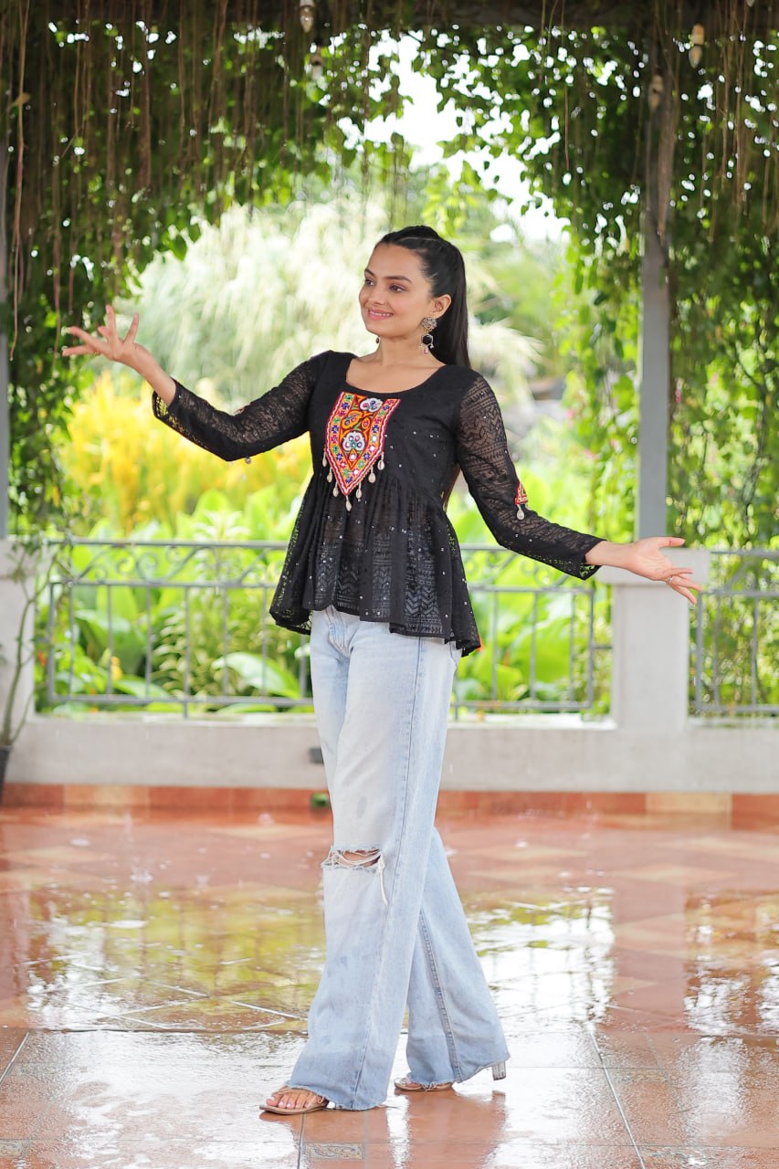 Navratri Special Georgette Schiffli Peplum Top with Kutchi Gamthi Patch Work