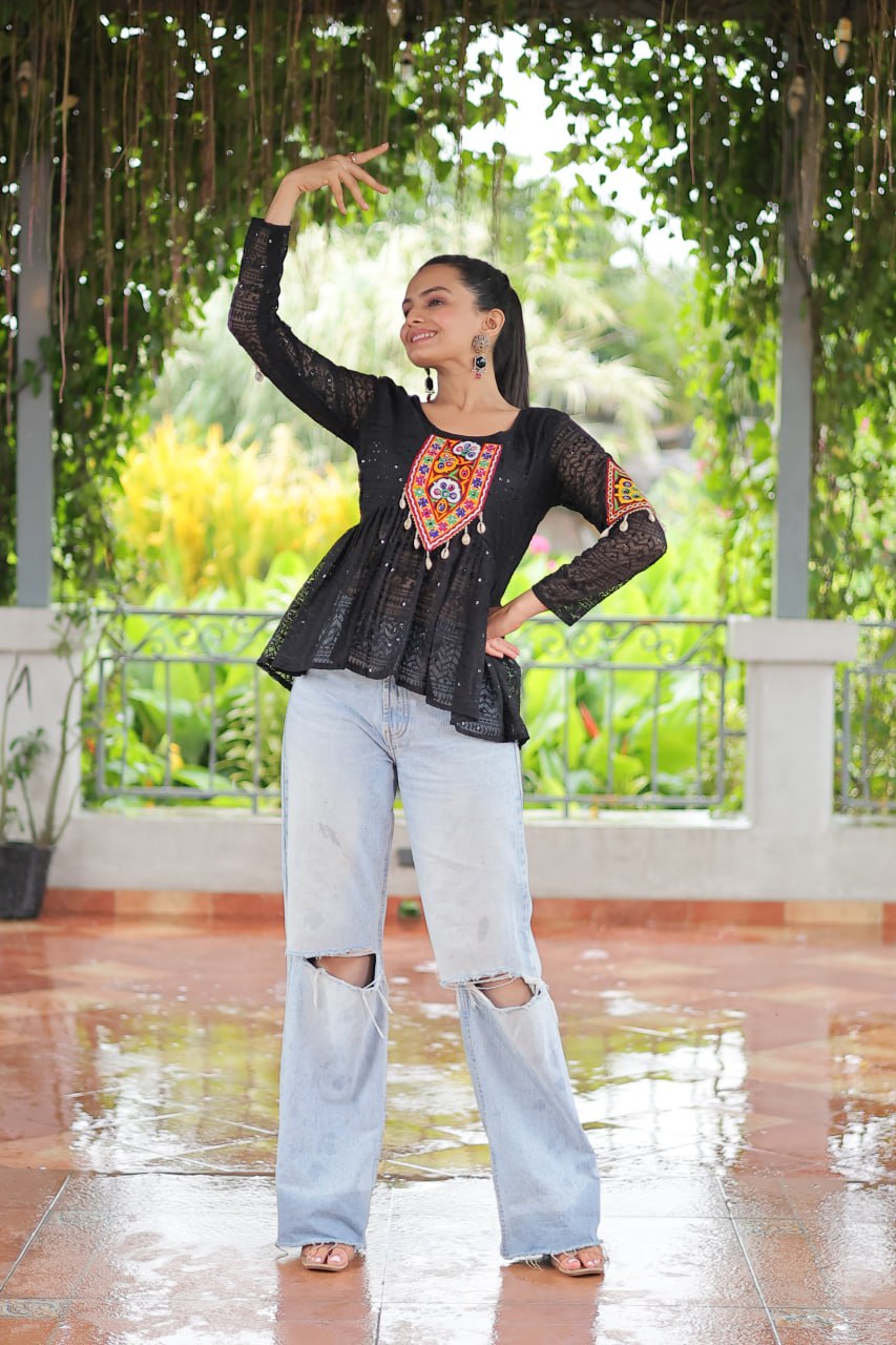 Navratri Special Georgette Schiffli Peplum Top with Kutchi Gamthi Patch Work
