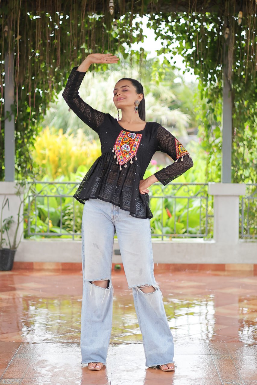 Navratri Special Georgette Schiffli Peplum Top with Kutchi Gamthi Patch Work
