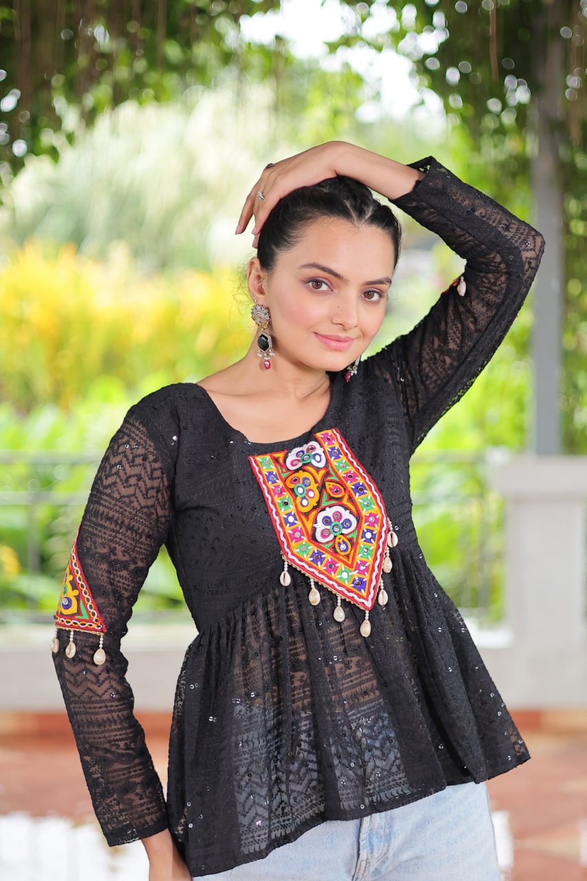 Navratri Special Georgette Schiffli Peplum Top with Kutchi Gamthi Patch Work