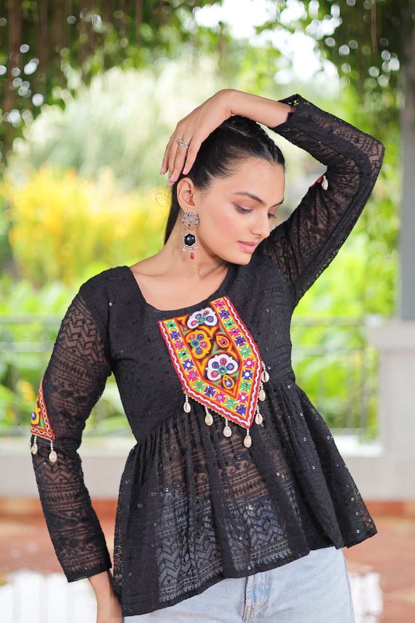 Navratri Special Georgette Schiffli Peplum Top with Kutchi Gamthi Patch Work