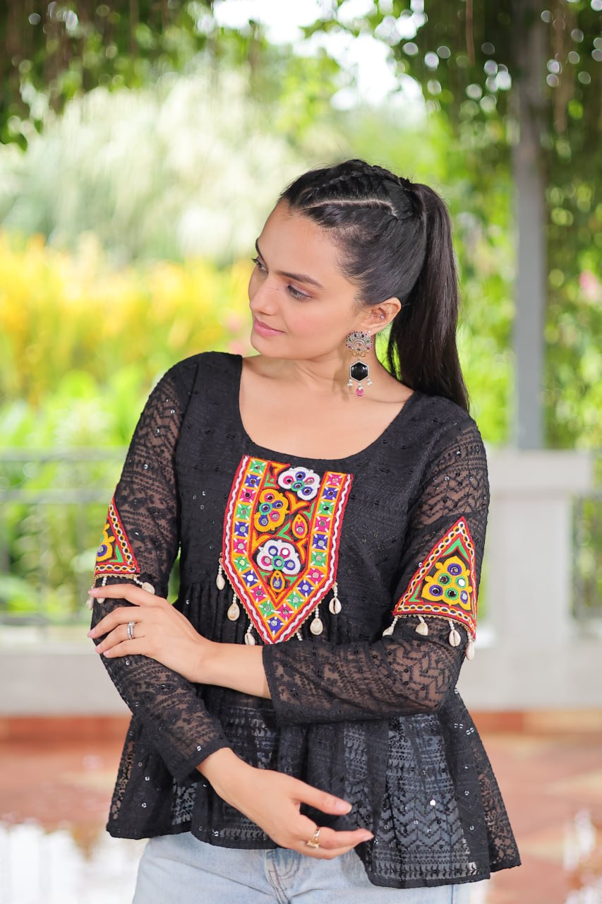 Navratri Special Georgette Schiffli Peplum Top with Kutchi Gamthi Patch Work