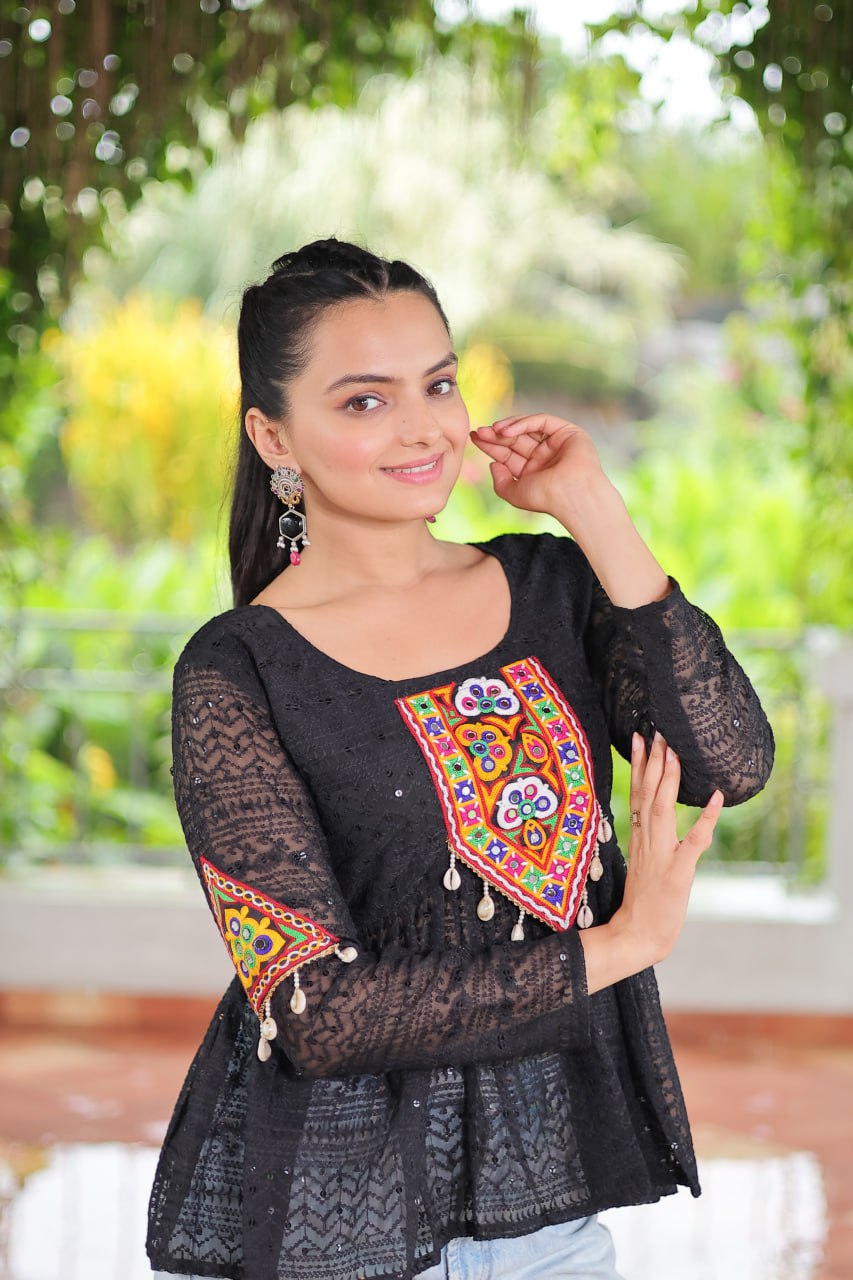 Navratri Special Georgette Schiffli Peplum Top with Kutchi Gamthi Patch Work