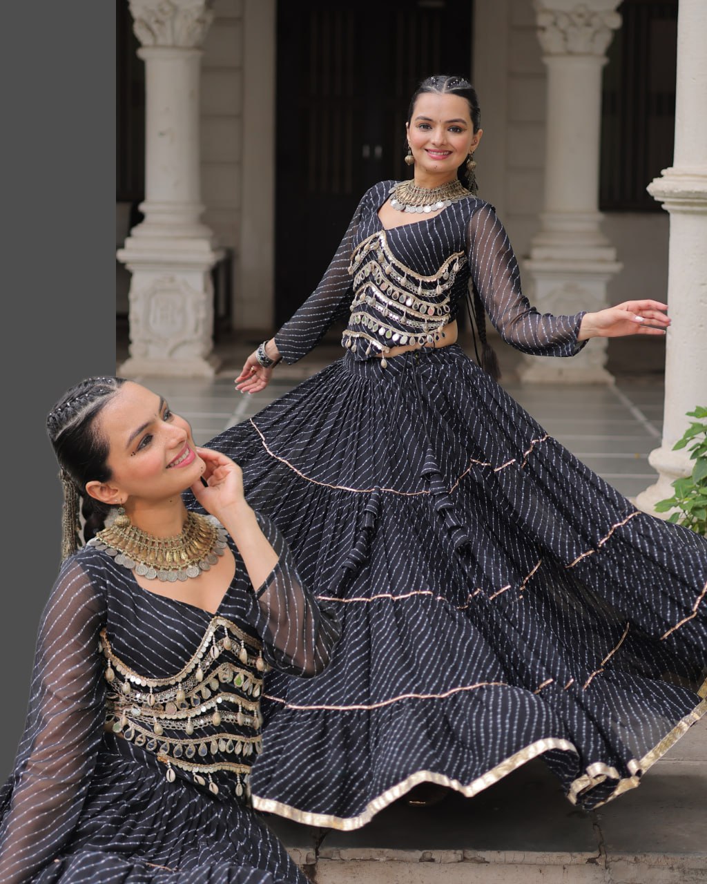 Black Navratri Special Leheriya Print Lehenga Choli with 12 Mtr Flair & Mirror Lace Work