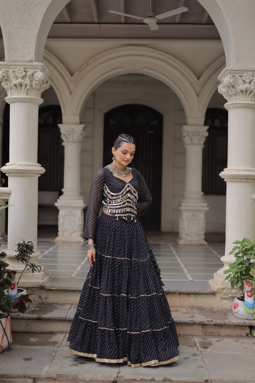 Black Navratri Special Leheriya Print Lehenga Choli with 12 Mtr Flair & Mirror Lace Work