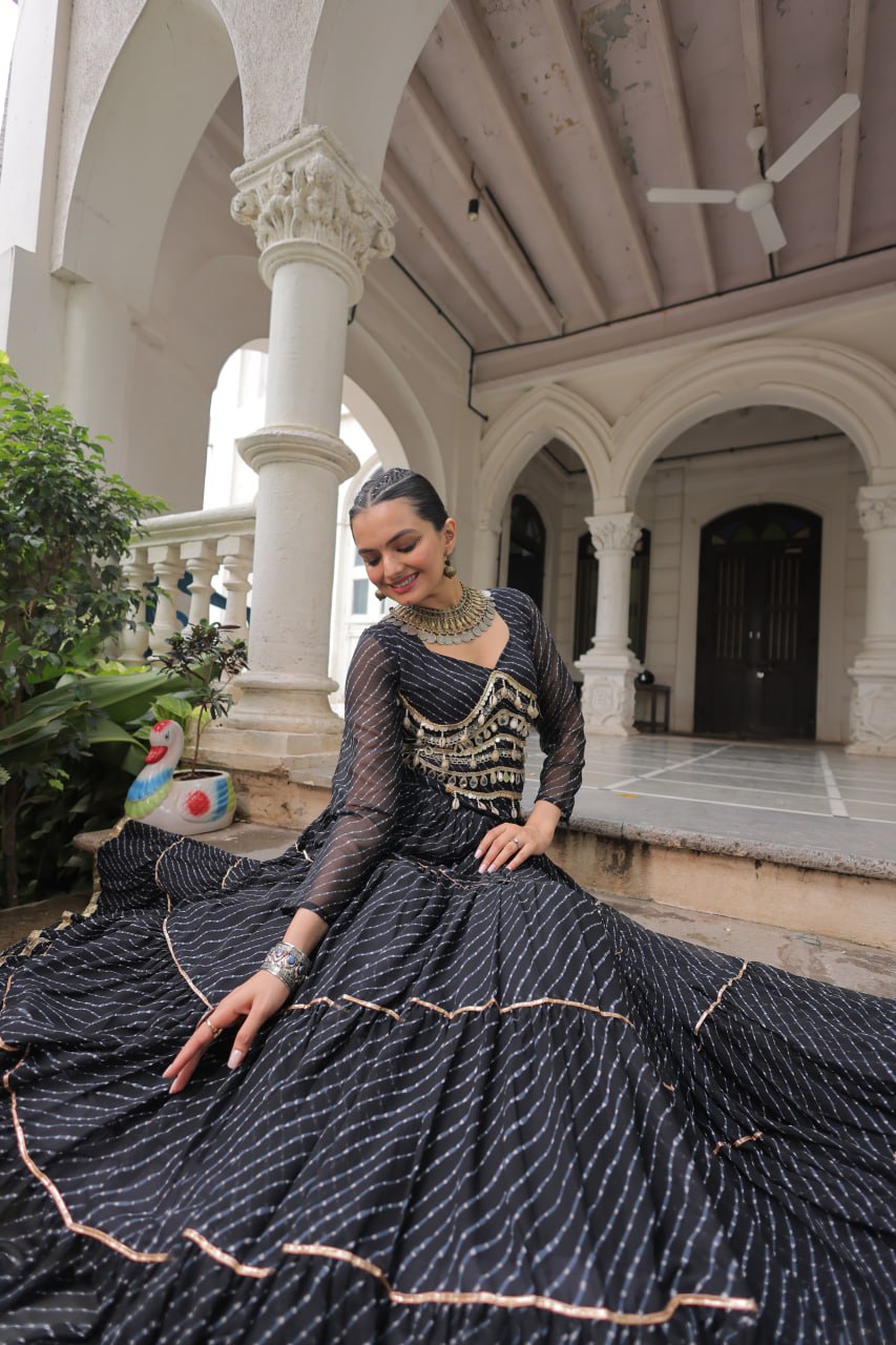 Black Navratri Special Leheriya Print Lehenga Choli with 12 Mtr Flair & Mirror Lace Work