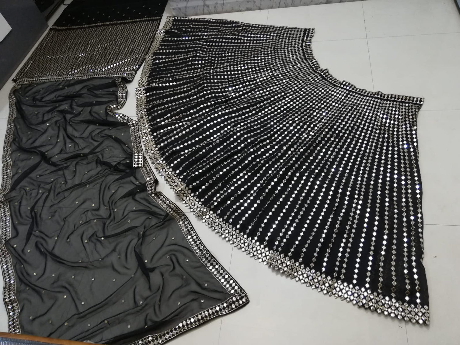 Black Organza Silk Lehenga Set with Paper Mirror & Zari Embroidery – Semi-Stitched with Dupatta