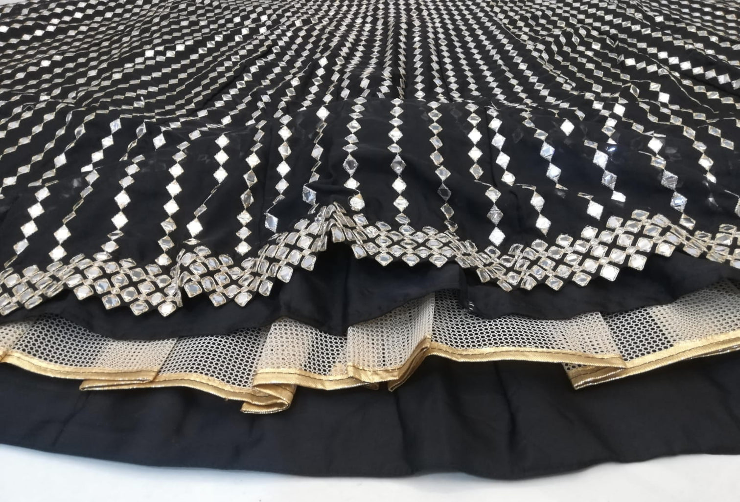 Black Organza Silk Lehenga Set with Paper Mirror & Zari Embroidery – Semi-Stitched with Dupatta