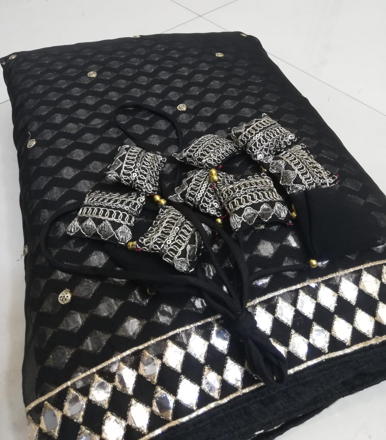 Black Organza Silk Lehenga Set with Paper Mirror & Zari Embroidery – Semi-Stitched with Dupatta