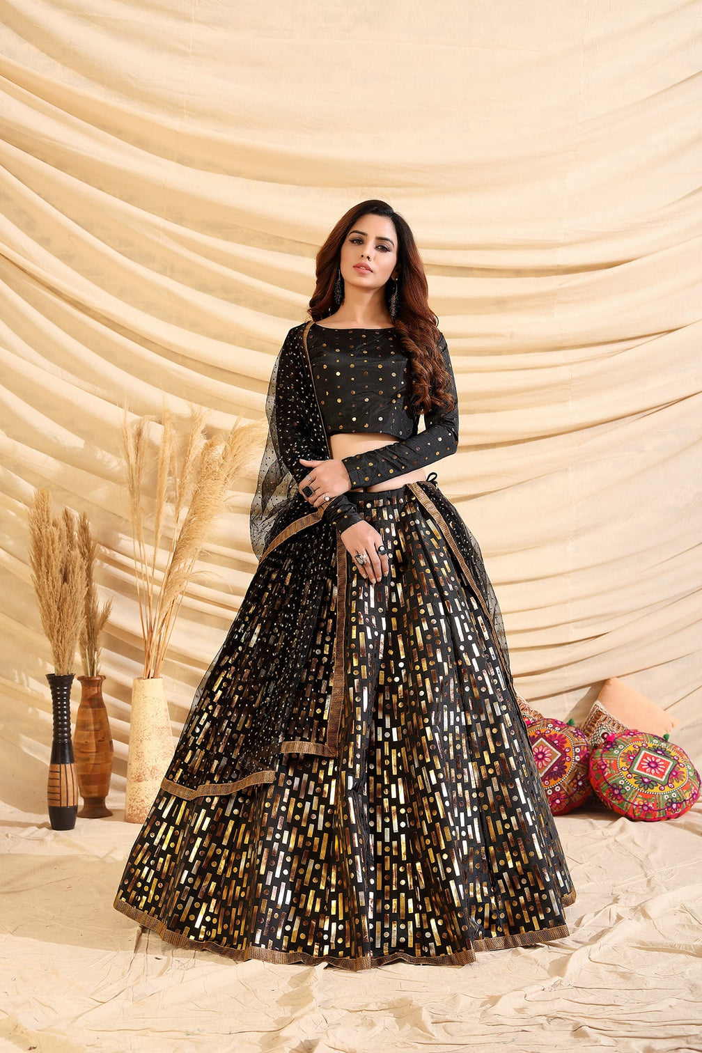 Black Pigment Foil Printed Taffeta Silk Party Wear Lehenga Choli