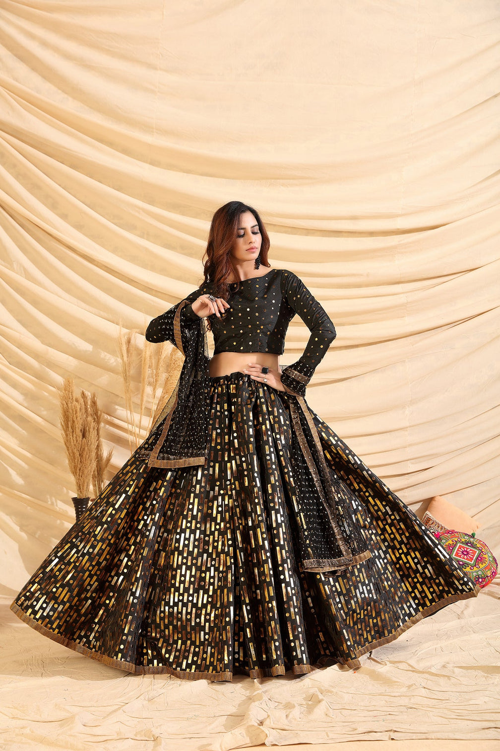 Black Pigment Foil Printed Taffeta Silk Party Wear Lehenga Choli