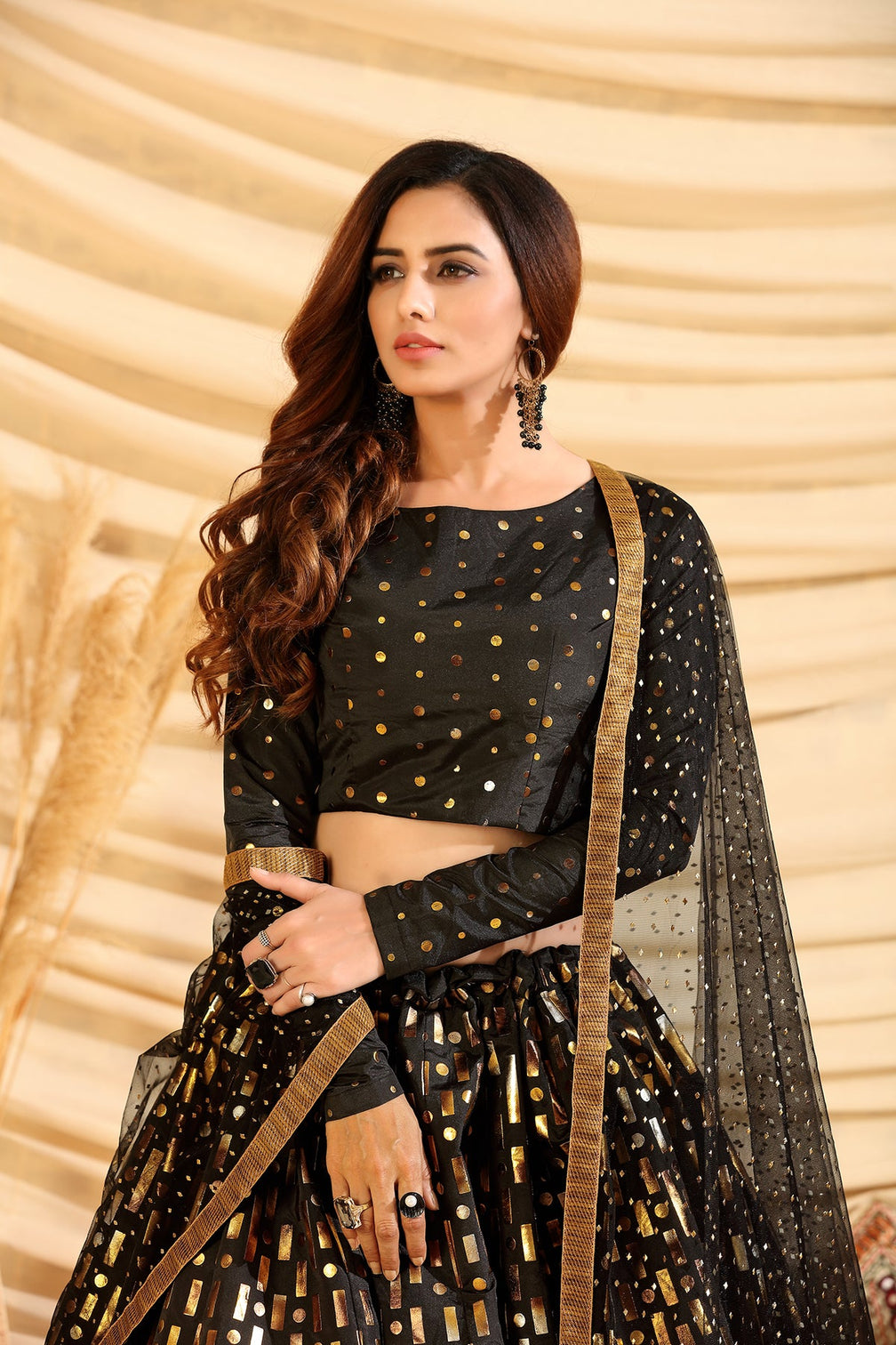 Black Pigment Foil Printed Taffeta Silk Party Wear Lehenga Choli