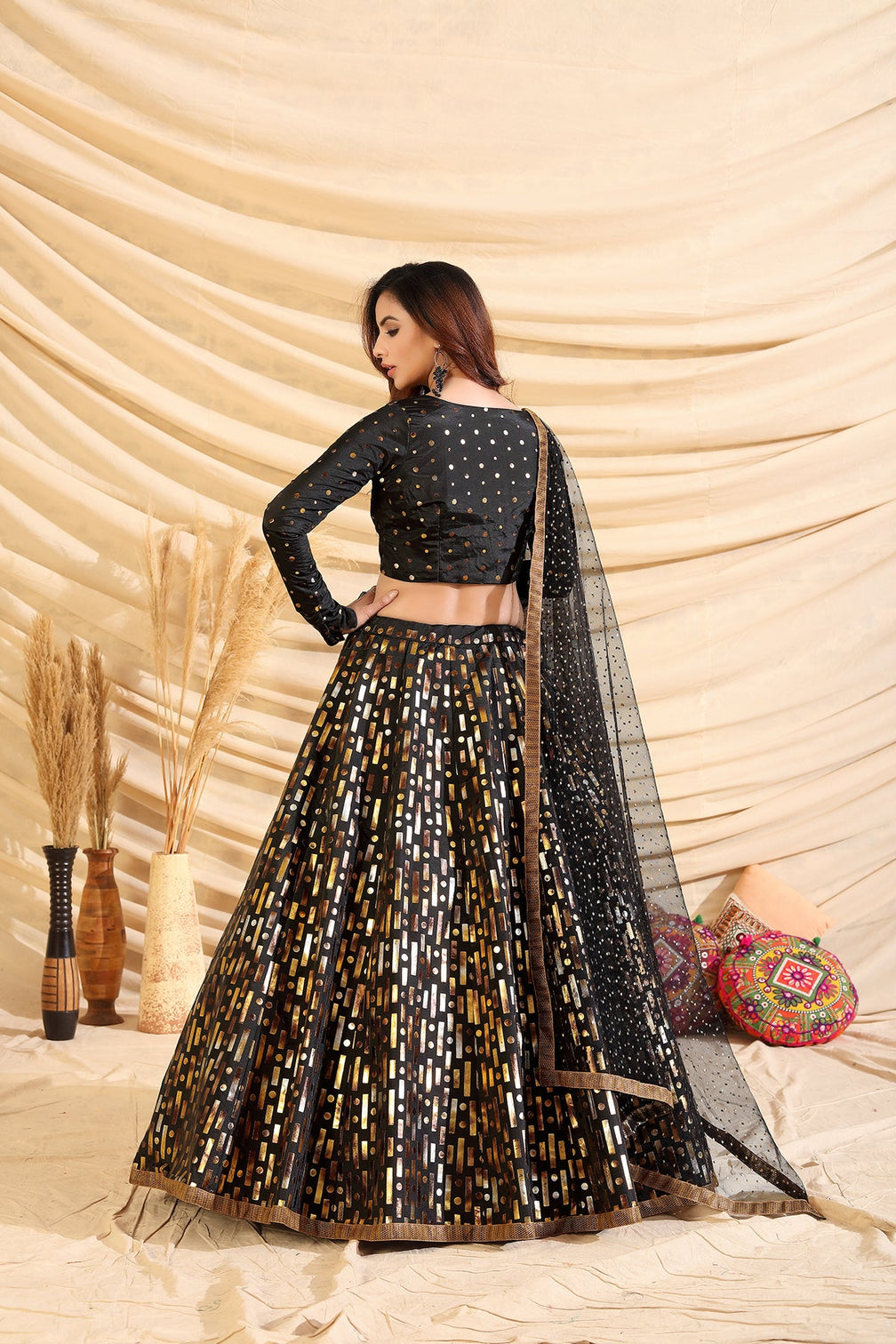 Black Pigment Foil Printed Taffeta Silk Party Wear Lehenga Choli