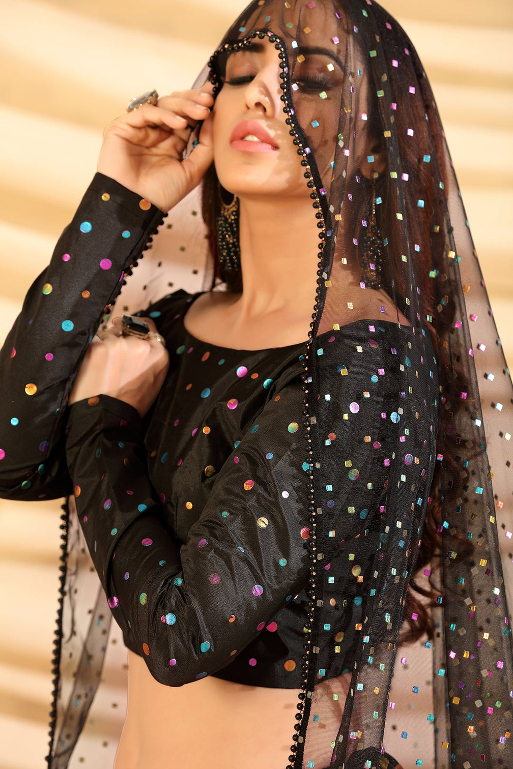 Black Pigment Foil Printed Taffeta Silk Semi Stitched Partywear Lehenga