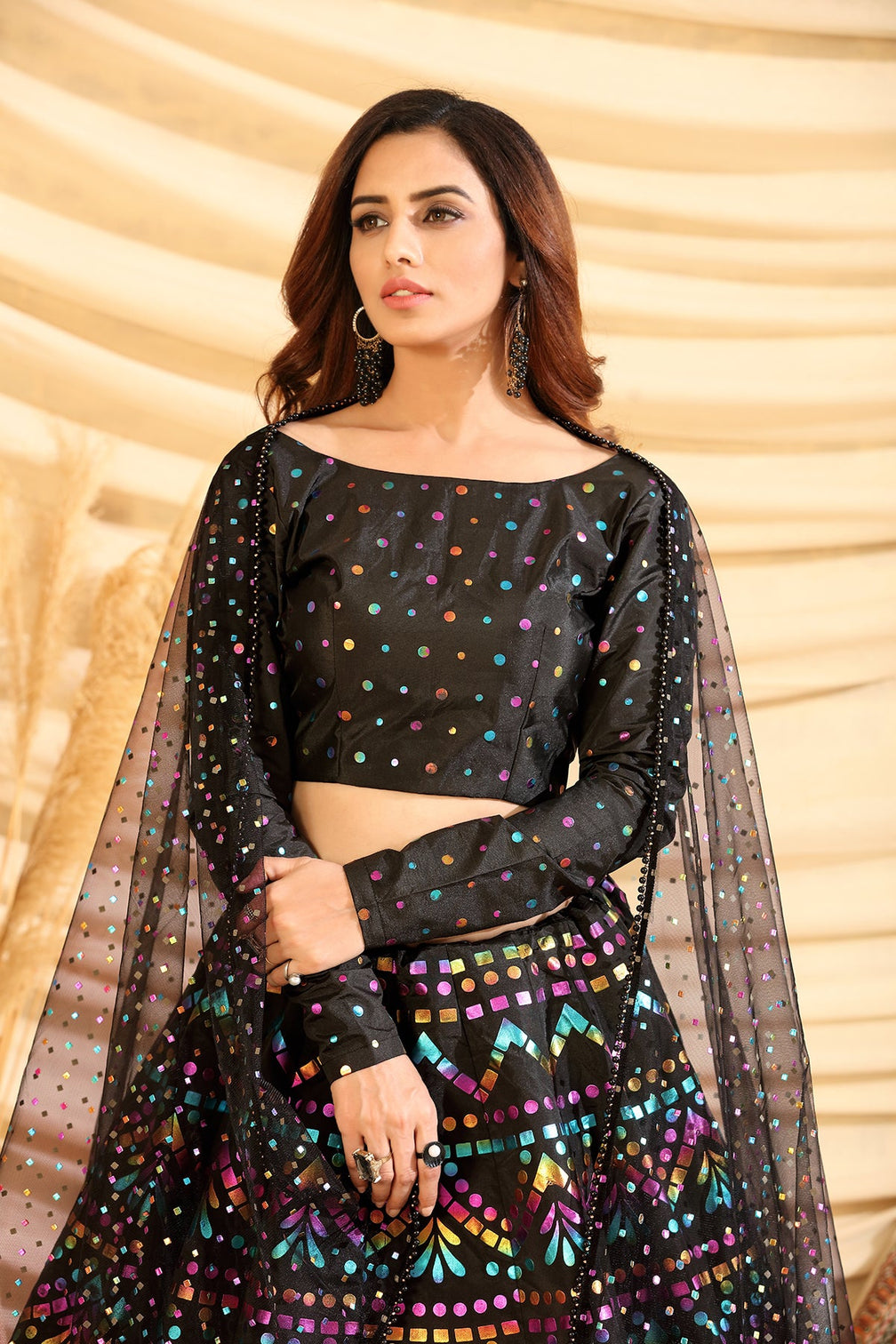 Black Pigment Foil Printed Taffeta Silk Semi Stitched Partywear Lehenga