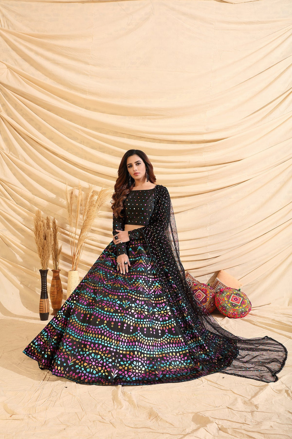 Black Pigment Foil Printed Taffeta Silk Semi Stitched Partywear Lehenga
