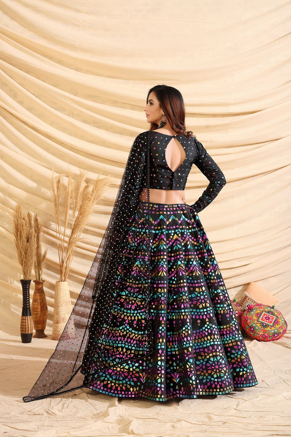 Black Pigment Foil Printed Taffeta Silk Semi Stitched Partywear Lehenga