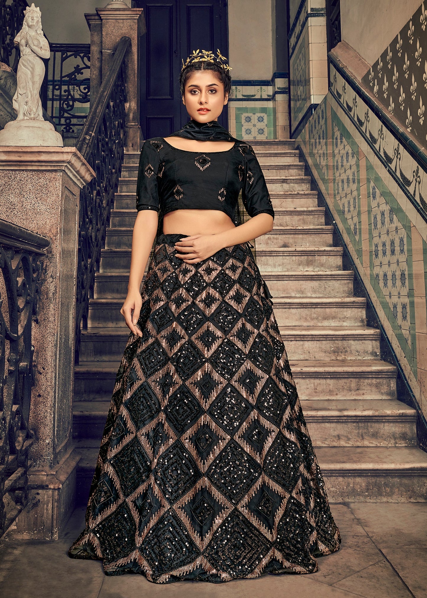 Black Sequins Embroidered Net Party Wear Lehenga Choli
