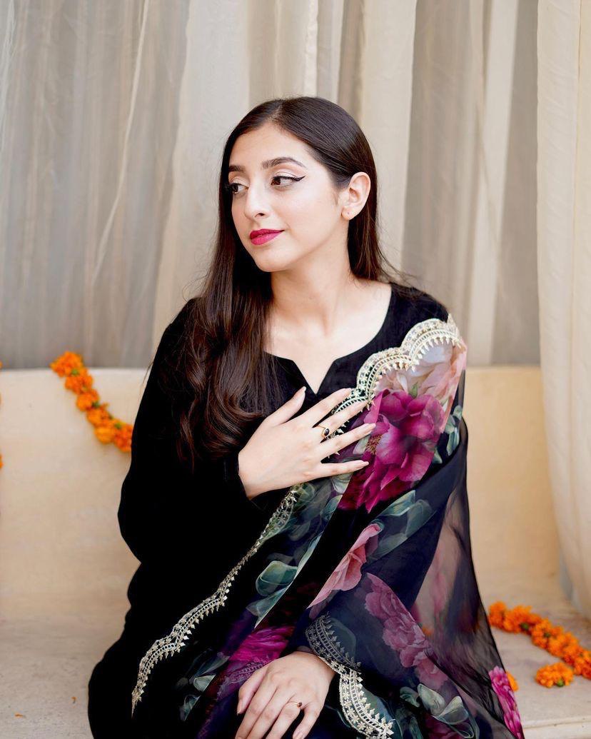 Black Sharara Palazzo Set in Cotton With Floral Dupatta