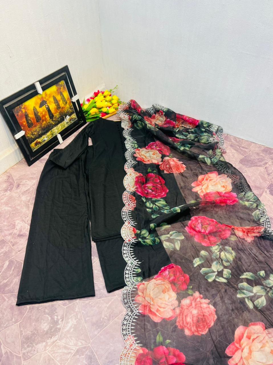 Black Sharara Palazzo Set in Cotton With Floral Dupatta
