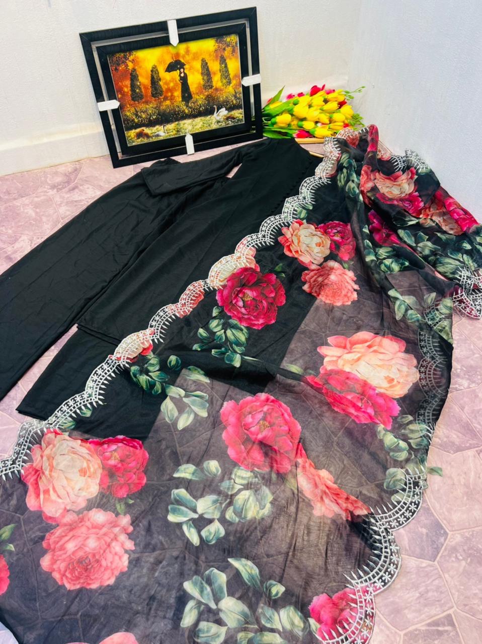 Black Sharara Palazzo Set in Cotton With Floral Dupatta