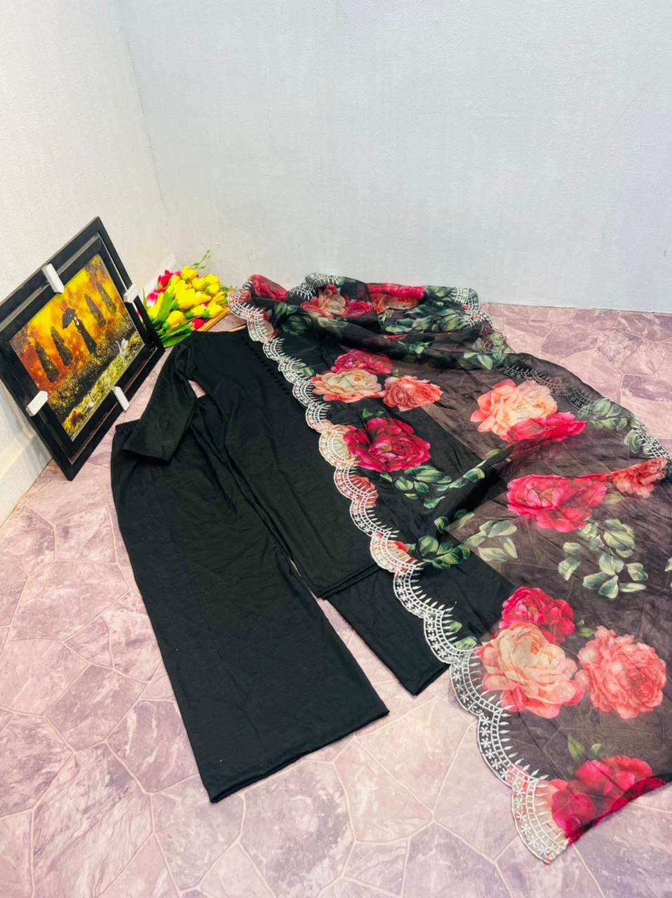 Black Sharara Palazzo Set in Cotton With Floral Dupatta