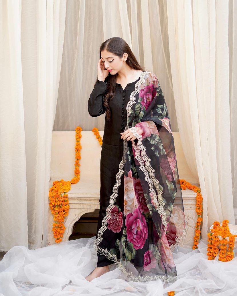 Black Sharara Palazzo Set in Cotton With Floral Dupatta