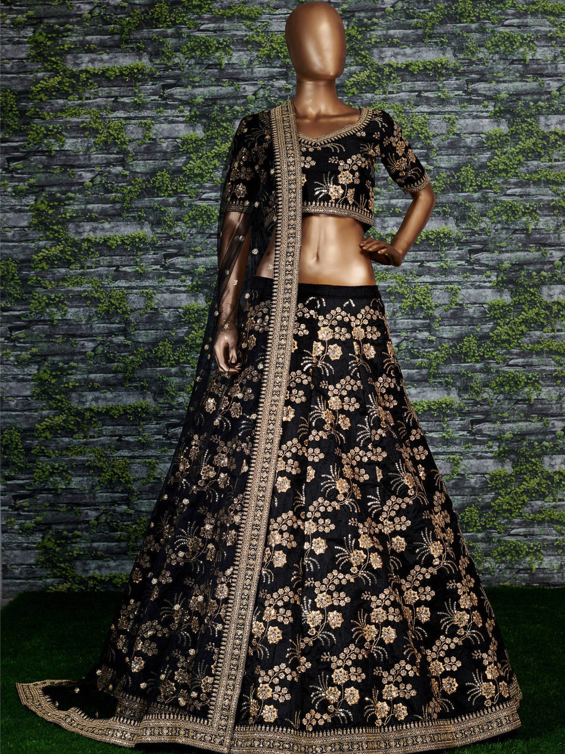 Hypnotic Black Colored Wedding Wear Embroidered Satin Lehenga Choli